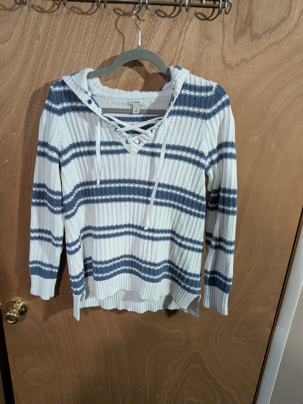 L.L. Bean White and Navy Striped Lace-Up V-Neck Hooded Sweater